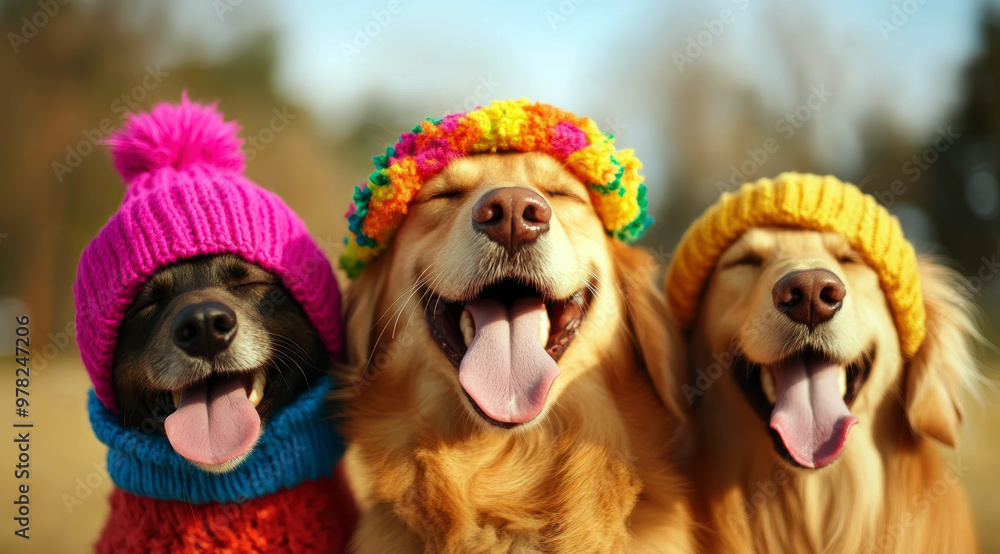 Three dogs wearing hats and smiling. Scene is happy and playful. The dogs are posing for a photo, and their hats add a fun and festive touch to the scene Three dogs wearing hats and smiling. Scene is happy and playful. The dogs are posing for a photo, and their hats add a fun and festive touch to the scene