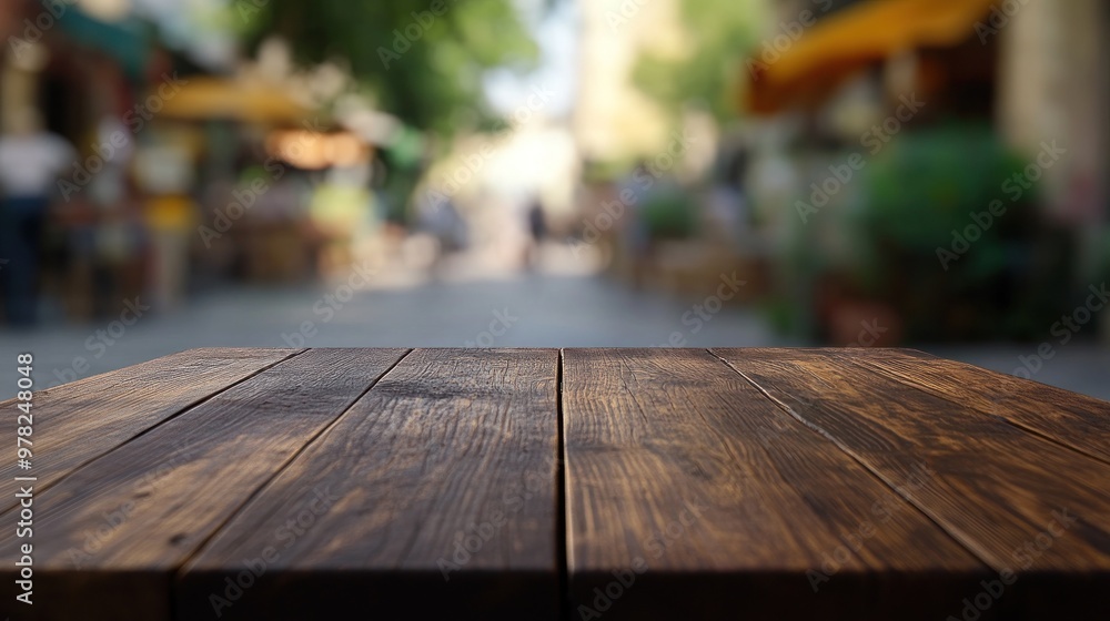 A blurred outdoor scene with a wooden table in the foreground, suggesting a dining or leisure area. A blurred outdoor scene with a wooden table in the foreground, suggesting a dining or leisure area.