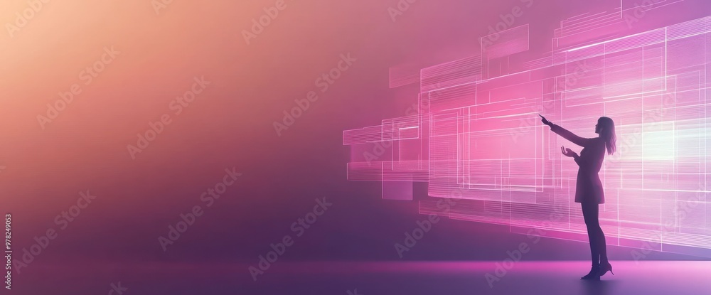 A silhouette of a woman gesturing against a vibrant, abstract digital background. A silhouette of a woman gesturing against a vibrant, abstract digital background.