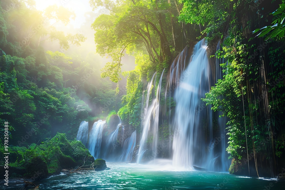 A beautiful waterfall in the middle of a lush green jungle A beautiful waterfall in the middle of a lush green jungle