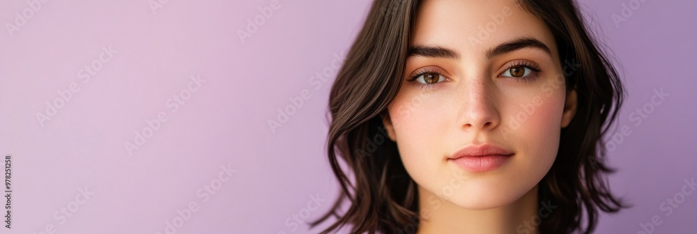A close-up portrait of a young woman against a soft purple background. A close-up portrait of a young woman against a soft purple background.