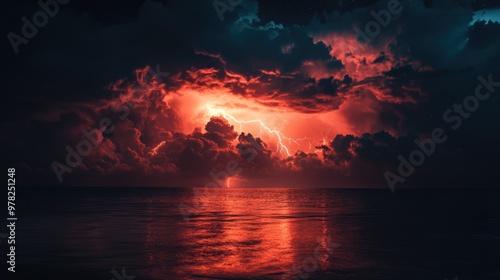 Powerful lightning strike in the sky with dark red storm clouds above the sea at night