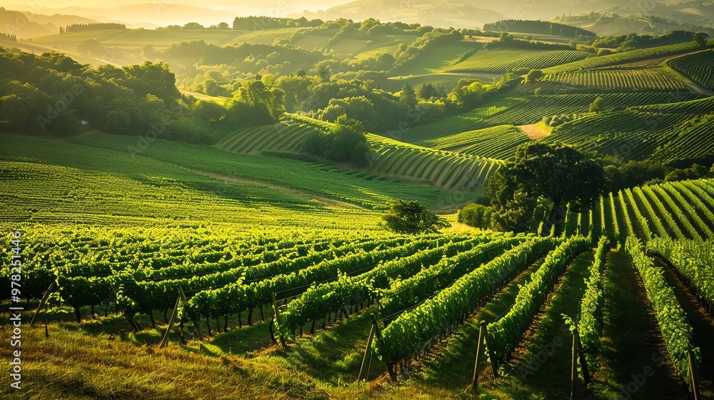 Naklejka premium The sun rises over a lush, green vineyard