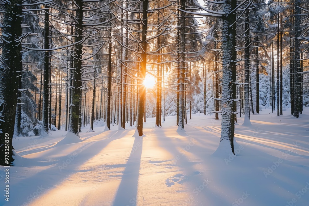 A beautiful winter landscape of a snow-covered forest with sunlight shining through the trees. A beautiful winter landscape of a snow-covered forest with sunlight shining through the trees.
