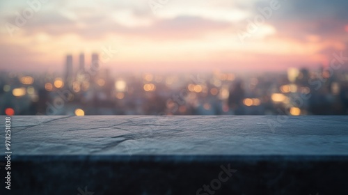 A blurred city skyline at sunset with a stone surface in the foreground.