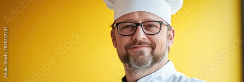 A smiling chef wearing glasses and a white hat against a bright yellow background. photo