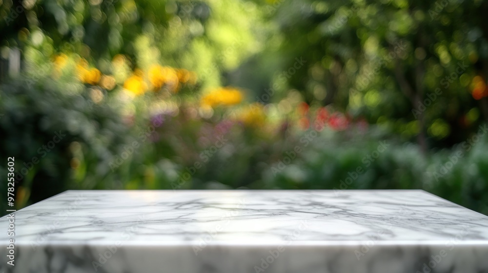 Naklejka premium A blurred garden scene with a marble tabletop in focus, suggesting a serene outdoor setting.