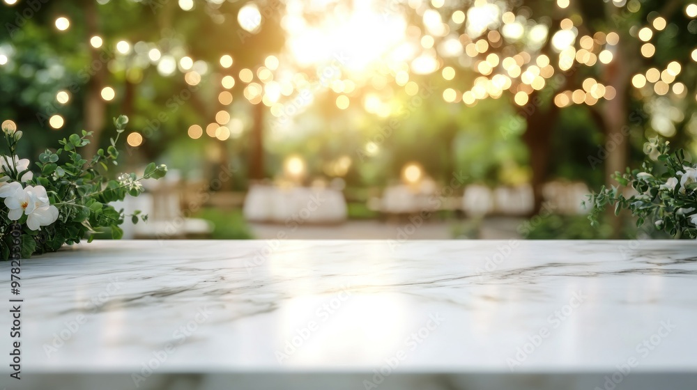 A beautifully lit outdoor setting with a marble table and soft floral accents. A beautifully lit outdoor setting with a marble table and soft floral accents.
