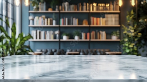 A modern workspace featuring a marble table and a bookshelf in a cozy setting.
