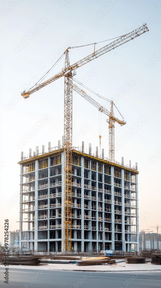 A tall construction crane hovers over an unfinished skyscraper against a clear sky. A tall construction crane hovers over an unfinished skyscraper against a clear sky.