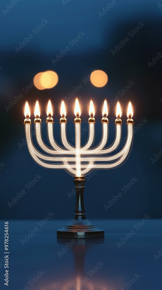 A traditional silver menorah with eight lit candles, reflecting on a table, with a blurred background. A traditional silver menorah with eight lit candles, reflecting on a table, with a blurred background.