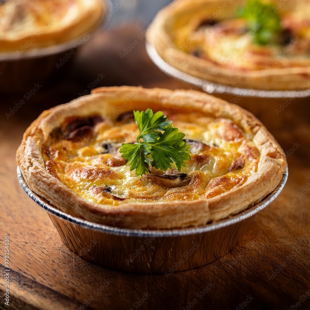 Wholesome breakfast quiches with depth of field featuring savory fillings and flaky crusts Wholesome breakfast quiches with depth of field featuring savory fillings and flaky crusts