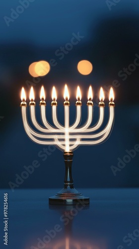 A traditional silver menorah with eight lit candles, reflecting on a table, with a blurred background.