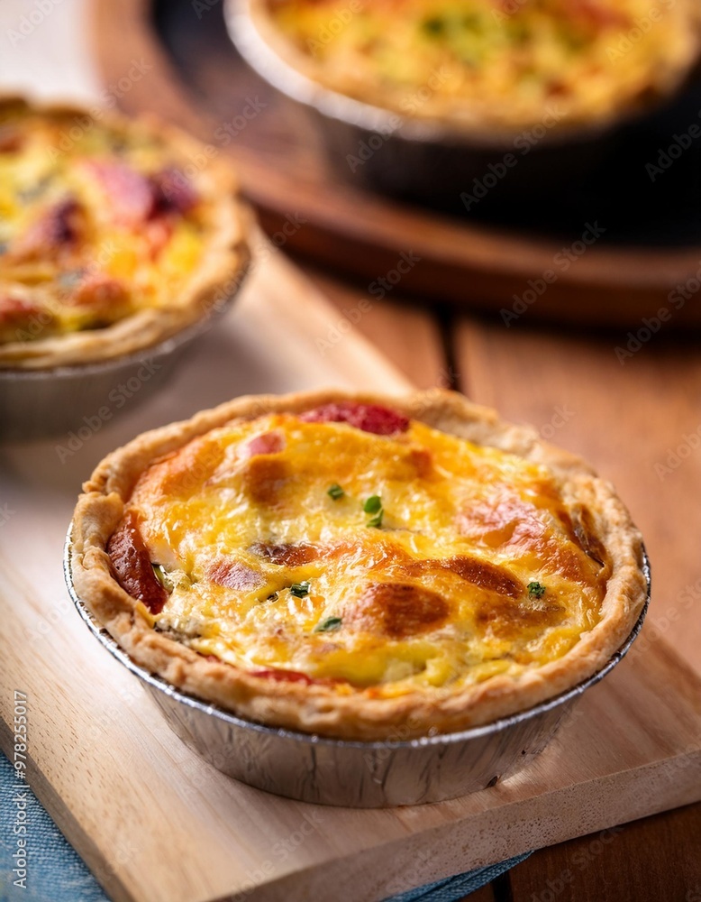 Wholesome breakfast quiches with depth of field featuring savory fillings and flaky crusts Wholesome breakfast quiches with depth of field featuring savory fillings and flaky crusts