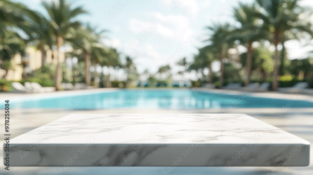 Fototapeta premium A marble table in focus with a pool and palm trees in the background, suggesting leisure.