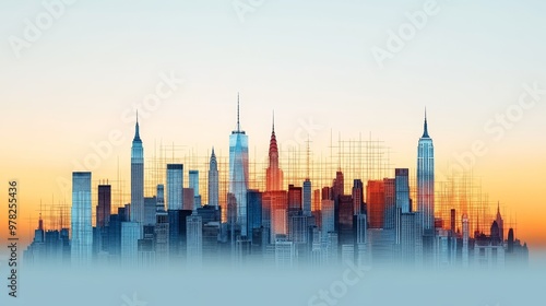 A vibrant city skyline at sunset, showcasing iconic skyscrapers and a colorful horizon, perfect for urban-themed projects.