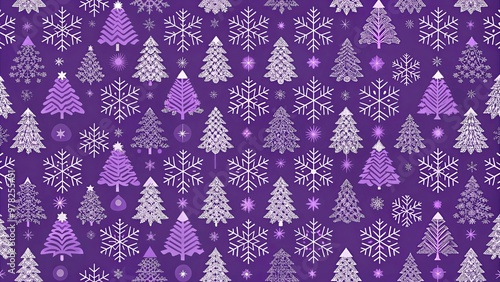 Purple Christmas pattern with trees and snowflakes on a purple background, perfect for holiday-themed designs