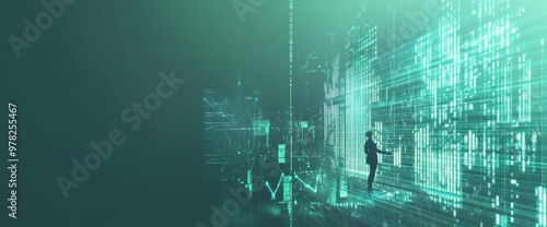 A futuristic scene depicting a person interacting with digital data and technology.