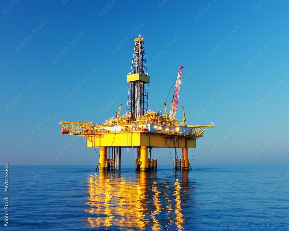 A vibrant offshore drilling rig stands tall against a clear blue sky, reflecting in the calm ocean waters. A vibrant offshore drilling rig stands tall against a clear blue sky, reflecting in the calm ocean waters.