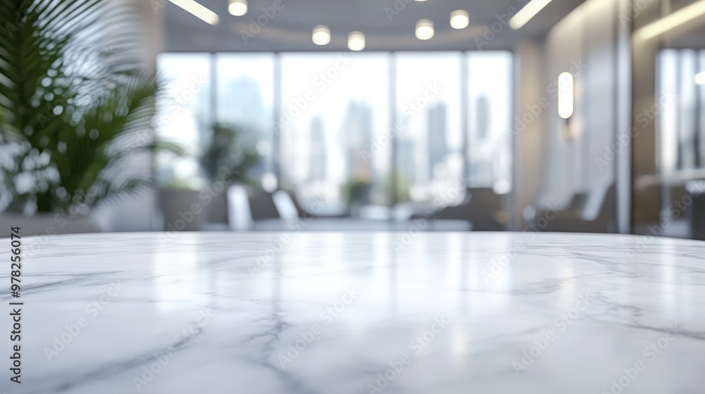 A blurred view of a modern office space with a marble table and city skyline in the background. A blurred view of a modern office space with a marble table and city skyline in the background.