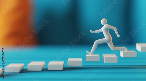 A white figure runs up a set of white stairs, representing progress and achievement. A blue and orange background creates a sense of movement and optimism.