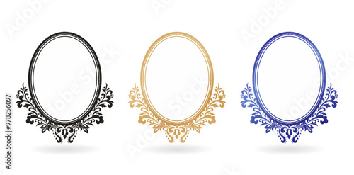 three oval frames with ornate decorative designs isolated white backgrounds for paintings, mirrors or photo, paper craft printable designs, wedding invitation emblem cover, stationery design materials