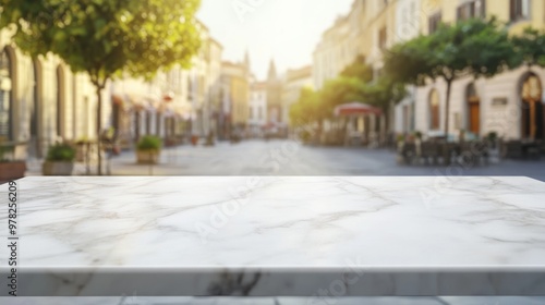 A blurred street scene with a marble table in the foreground, suggesting a café or dining area.