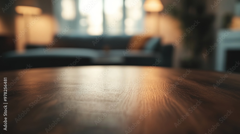 A warm, softly lit living room with a wooden table in focus.