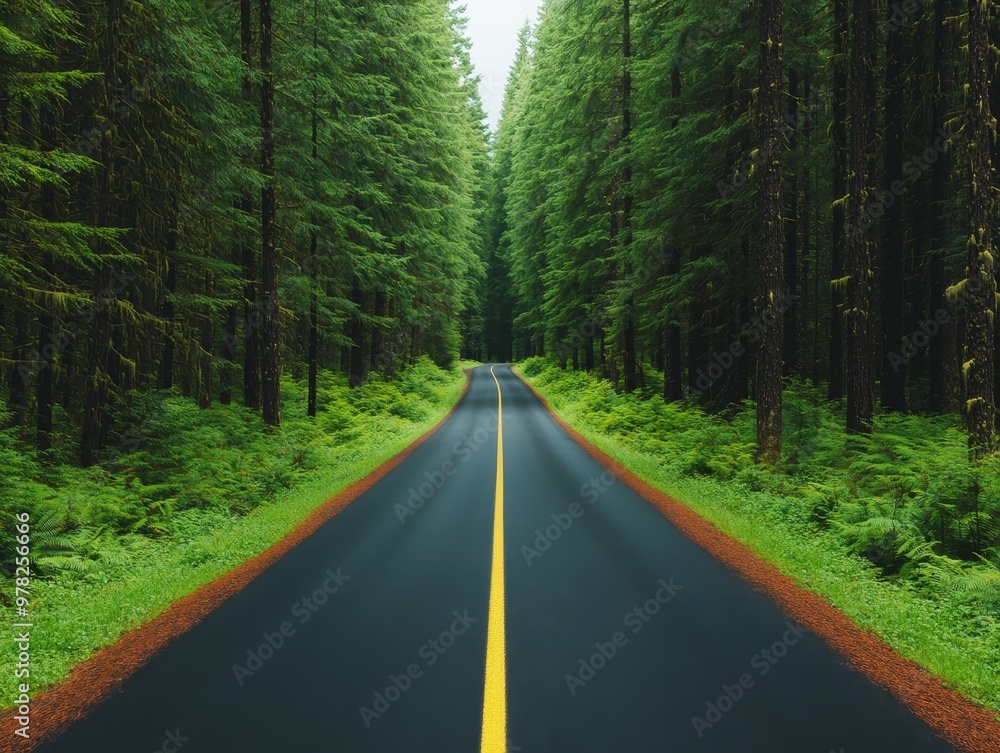 A winding road through a dense, lush forest with tall evergreen trees lining the sides. The road leads into the distance. A winding road through a dense, lush forest with tall evergreen trees lining the sides. The road leads into the distance.