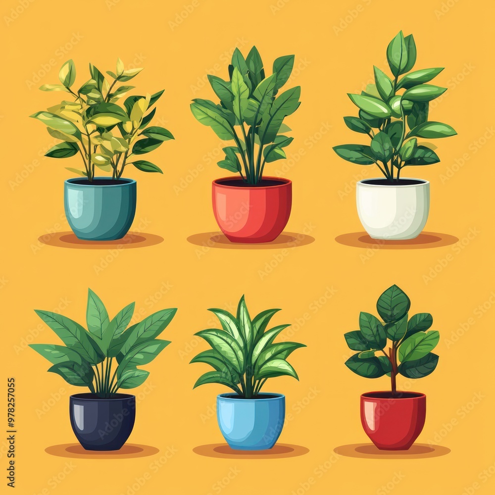 Illustration of Six Potted Plants on Yellow Background Illustration of Six Potted Plants on Yellow Background