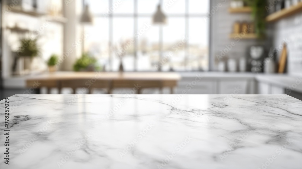 A marble countertop in a modern kitchen setting with natural light. A marble countertop in a modern kitchen setting with natural light.