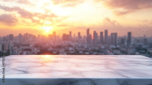 A marble table overlooking a city skyline at sunset, creating a serene atmosphere.