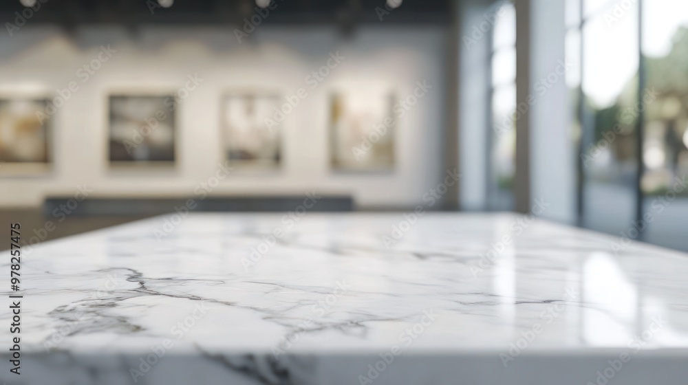 A close-up of a marble table in a gallery with blurred artwork in the background. A close-up of a marble table in a gallery with blurred artwork in the background.