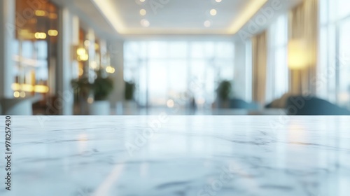 A blurred interior view of a modern space with a marble surface in the foreground.