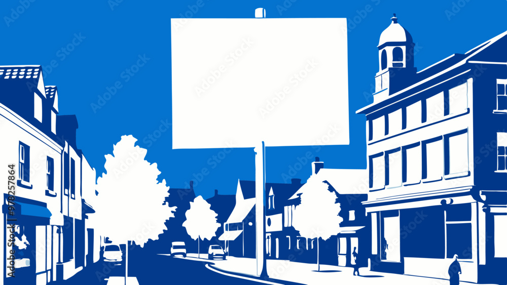 A monochrome blue illustration of a town center with a large billboard and historic buildings. A monochrome blue illustration of a town center with a large billboard and historic buildings.