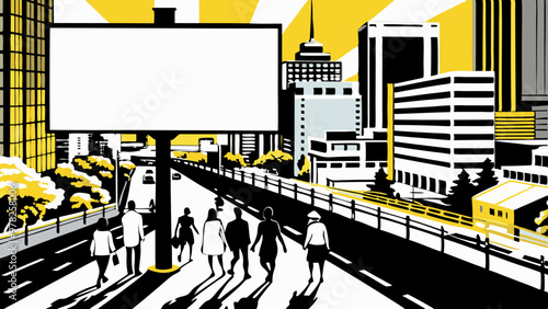  A large billboard overlooking a pedestrian crosswalk in a vibrant urban setting. 