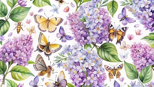 Spring watercolor lilac flower pattern with bee and butterfly, perfect for nature backgrounds and spring designs