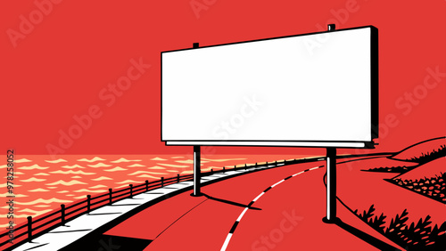 A billboard beside a coastal road with a vibrant red sunset sky and ocean backdrop. 