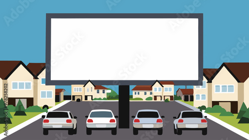 A billboard in a quiet suburban neighborhood with parked cars and houses.