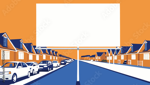 A stylized depiction of a suburban street at sunset, featuring houses and parked cars.