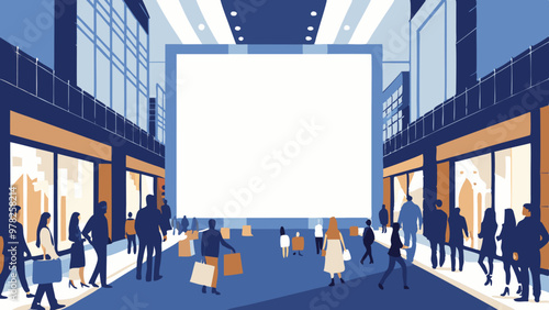 Graphic depiction of a bustling mall scene during evening with silhouetted shoppers.