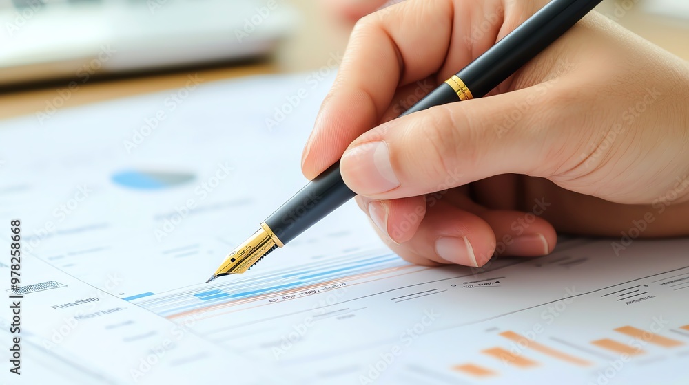 Close-up of a hand holding a pen, analyzing financial graphs and charts. Concept of business analysis, market research, and financial planning. Close-up of a hand holding a pen, analyzing financial graphs and charts. Concept of business analysis, market research, and financial planning.