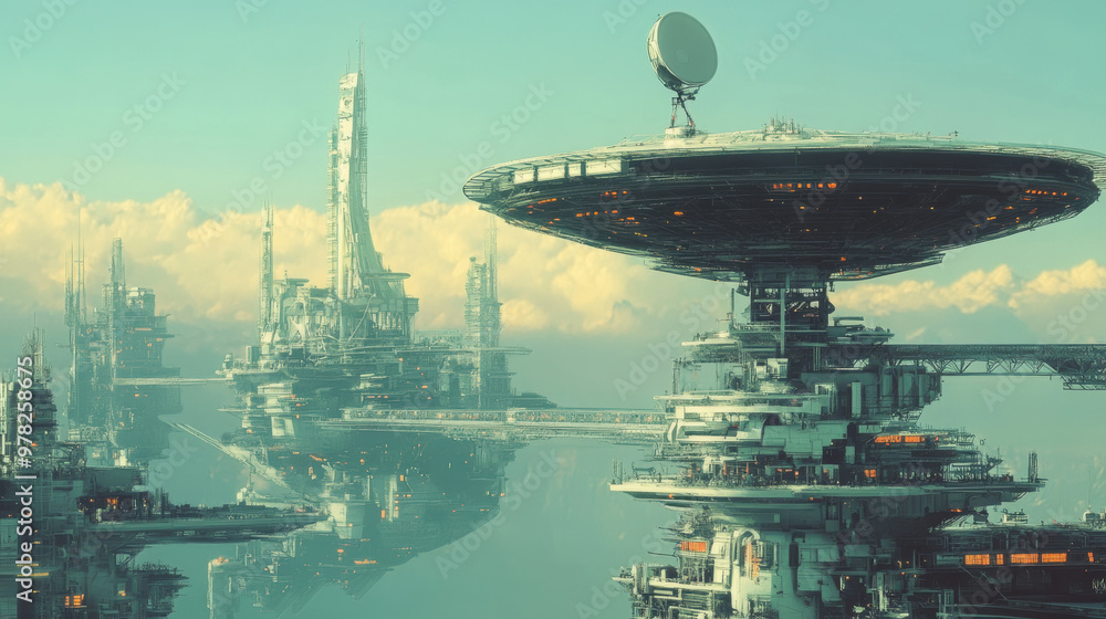 Obraz premium Futuristic floating city with satellite dish and advanced architecture