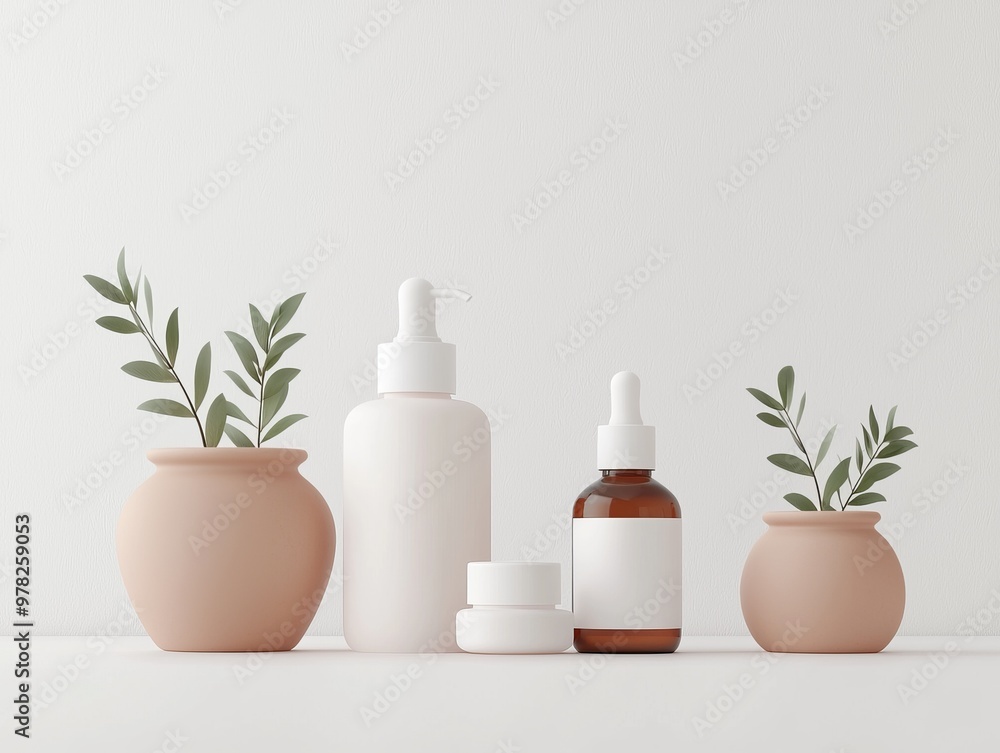 Minimalist beauty product display with white bottles, a jar, and potted plants. Minimalist beauty product display with white bottles, a jar, and potted plants.