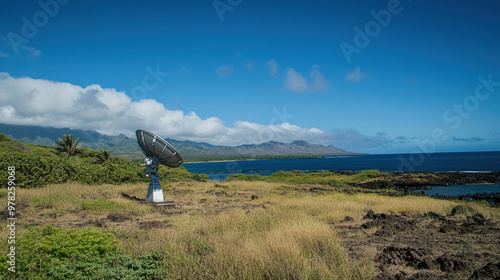 A satellite dish on remote island surrounded by lush greenery and ocean views