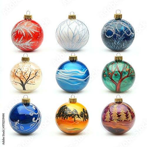 A collection of nine colorful Christmas ornaments with intricate designs, perfect for festive decoration ideas and holiday inspiration.