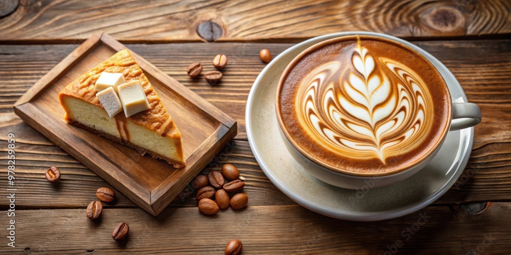 Top view of latte with foam art, hot chocolate, and caramel nut cheesecake on wooden table setting, latte, coffee Top view of latte with foam art, hot chocolate, and caramel nut cheesecake on wooden table setting, latte, coffee