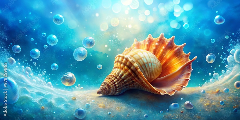 A vibrant painting of a seashell on a blue background surrounded by bubbles A vibrant painting of a seashell on a blue background surrounded by bubbles