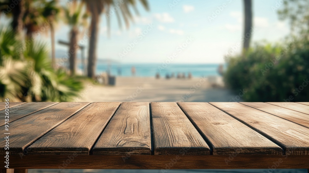 A wooden table in the foreground with a scenic beach view in the background.