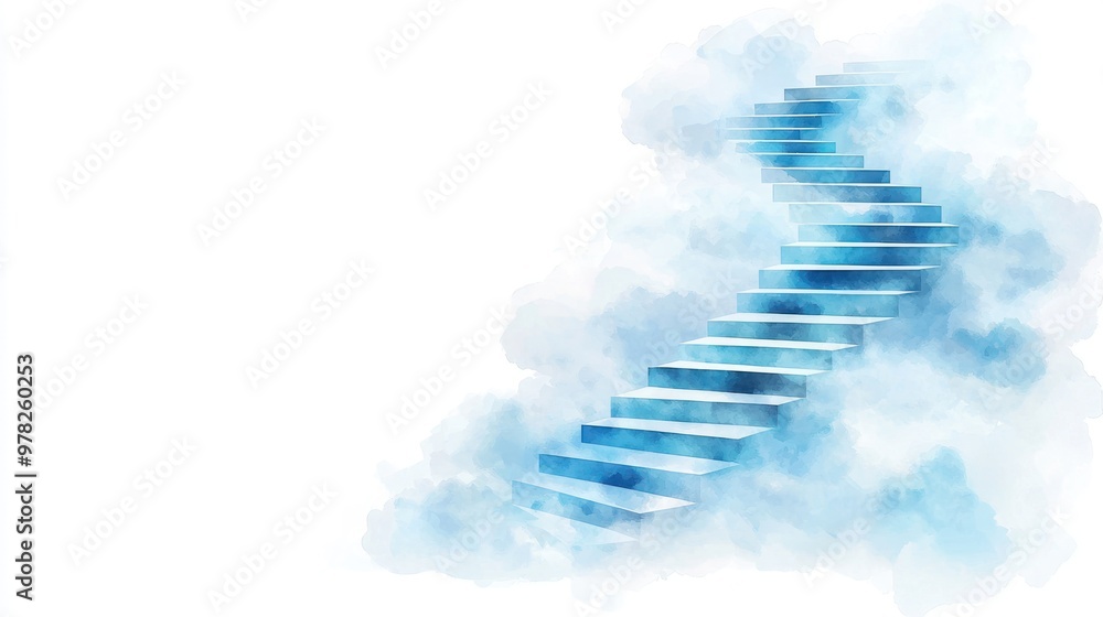 A staircase leading into the clouds, white background, surreal concept, watercolor style, soft dreamlike tones. A staircase leading into the clouds, white background, surreal concept, watercolor style, soft dreamlike tones.